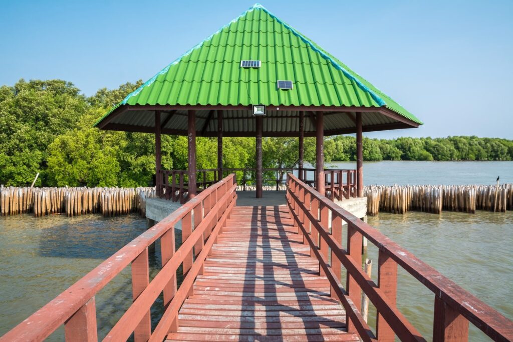 Old Red Boardwalk Bridge in Samut Sakhon