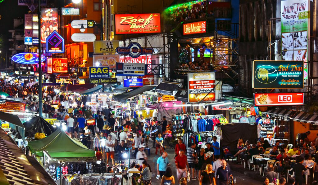 BANGKOK, THAILAND - JAN 12, 2018: Khaosan Road by night, a world famous backpacker district in Bangkok, Thailand